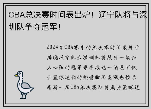 CBA总决赛时间表出炉！辽宁队将与深圳队争夺冠军！